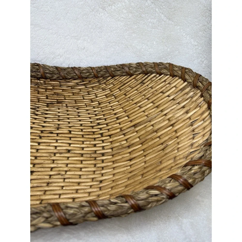 Antique Winnowing Basket Bamboo Tray Egg Shaped Bohemian Primitive Rustic 22x11